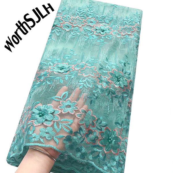 WorthSJLH 5 Yards Latest Net Mesh Lace Fabric Green Dress African Tulle Lace Material Blue Nigerian Lace 3D Fabric 2019 High Quality