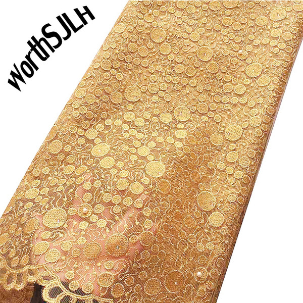 WorthSJLH Hot Selling Beaded French Lace Fabric Embroidery Gold Tulle Lace Wedding Dress Net Fabrics African Lace Fabric 2019 High Quality