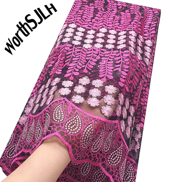 WorthSJLH Fushia Pink African Fabric Lace Material 5 Yards French Nigeria Lace Fabric Swiss Beaded Net Lace Fabric 2019 For Dress