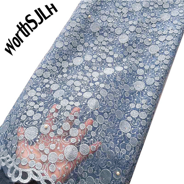 WorthSJLH Beaded African Lace Fabric Blue White Cord Lace Material Net Fabric Wedding Dress French Tulle Lace Fabric For Women 2019