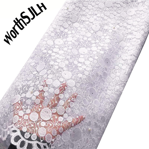 WorthSJLH Best Selling 2019 Products African White Lace Fabric For Nigerian Party Mesh Lace Fabric Rhinestone Tulle Lace With Beads