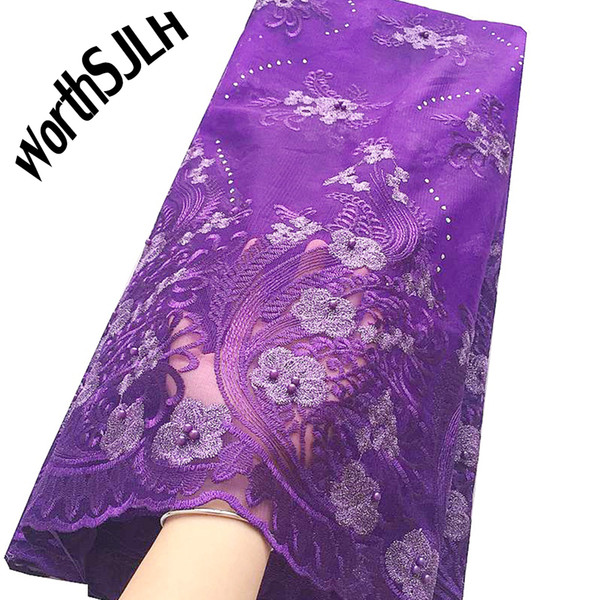 WorthSJLH Net African Lace Fabric Embroidery White Purple Lace Fabric Latest 2019 Bridal Nigeria Wedding Laces High Quality