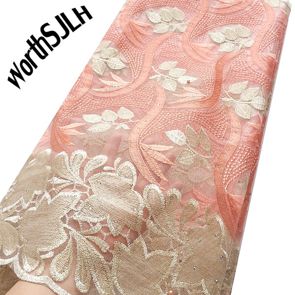 WorthSJLH Aso Ebi Latest African Laces 2019 Nigeria French Lace Fabric With Stones Peach White African Swiss Lace Fabric High Quality