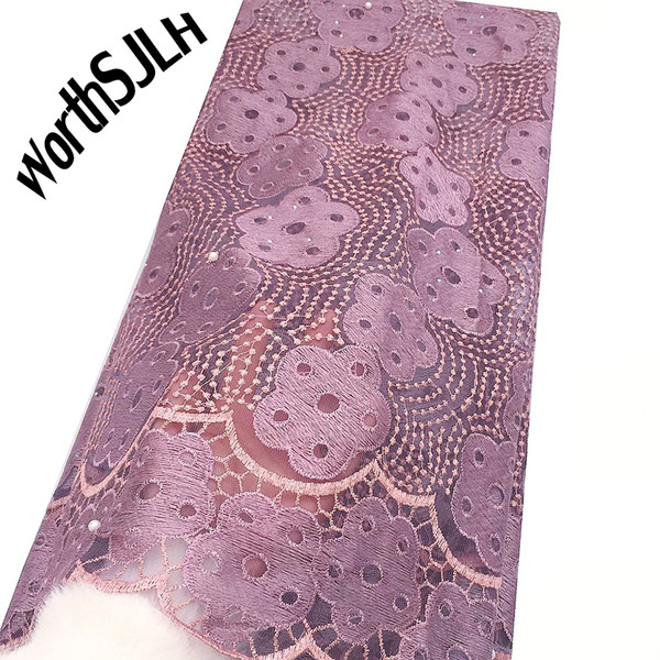 WorthSJLH 2019 Latest African French Lace Fabric Lilac Guipure Beaded Tulle Lace Fushia Pink Indian Stone Lace Fabric For Nigerian Dresses