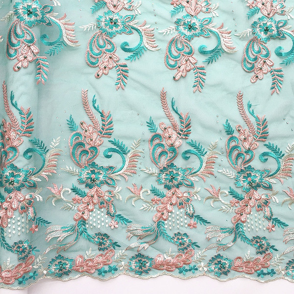 Latest High Quality African Tulle Lace Fabric 2019 Dubai Fabric Textiles Teal Green African Women Beads Magenta 3d Lace Fabric