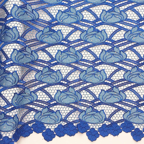 Latest High Quality Guipure Cord Lace Fabric Royal Blue White Wedding Lace Fabric Stones African Nigerian Fabric Lace