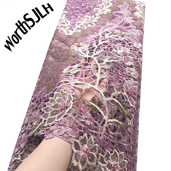 Nigeria Latest African Cord Lace Fabrics High Quality Beaded Bridal Tulle Lace Fabric Lilac Gold Nigerian Swiss Laces