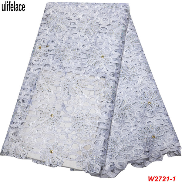 2019 White Wedding Water Soluble Lace Fabric Embroidered Guipure Lace Fabric with Shinning Rhinestones Chemical Cord Laces W2-721