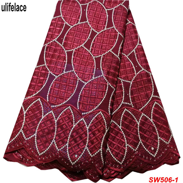 Latest Swiss Voile Lace In Switzerland Wine Red Swiss Cotton Lace Fabric African Dry Lace Fabric With Stones For Nigerian Sewing SW-506