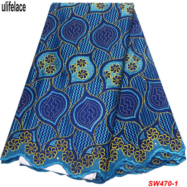 Best Selling Royal blue Soft Cotton Women Dress Swiss Voile Lace 2019 High Quality Embroidered Stones Fabric African Lace Fabric SW-470