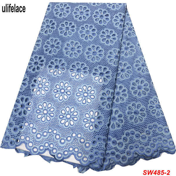 2019 High Quality Blue dry Cotton African Lace Fabrics Embroidered Nigerian Lace Fabrics Newest Eyelet Circle Dress Fabric SW-485