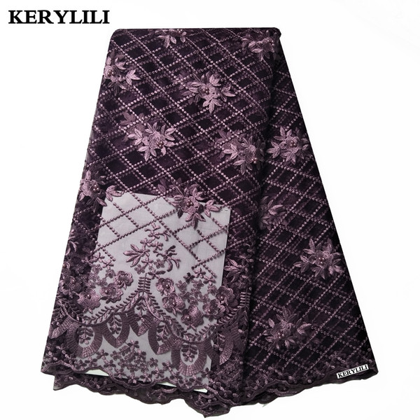 Latest Dark Purple African Lace Fabric Beads Tulle French Lace Rhinestone Wedding Party Dress Sewing Material KRL-28712