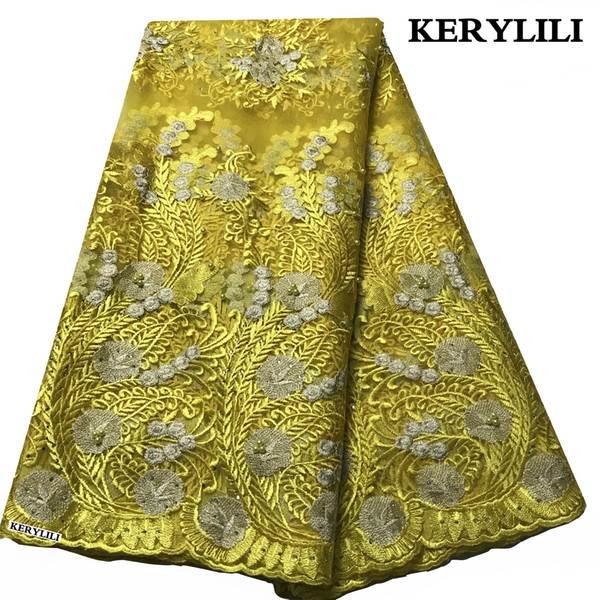 5 Yards Beautiful Yellow African Swiss Voile Lace Beads Nigerian Fabric Organza Women Party Dress KRL-28732