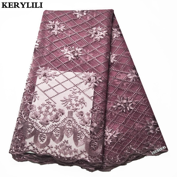 African Tulle Lace Fabric Beads French Lace Rhinestone Light Purple Wedding Party Dress Sewing Stuff KRL-28717