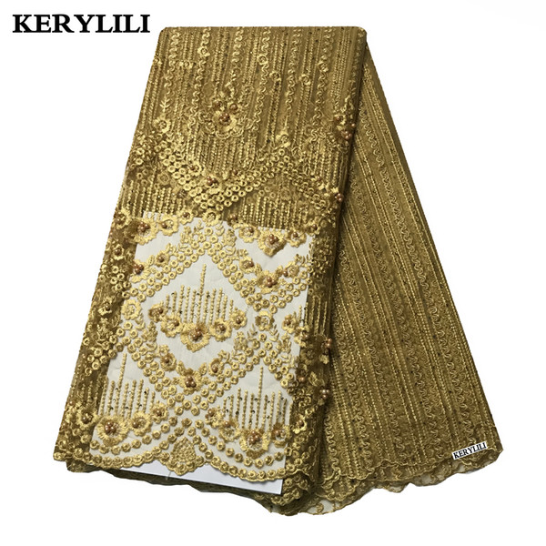 Gold African Swiss Voile Lace Fabric Beaded&Rhinestones Beautiful Tulle French Lace Latest Wedding Design KRL-28761