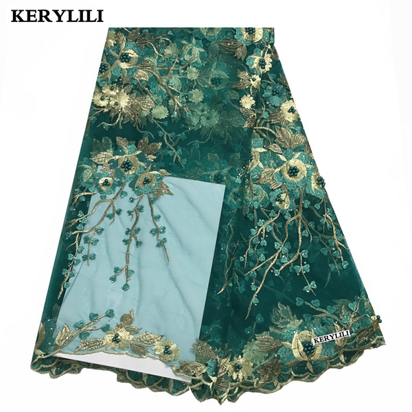 Rhinestones French Tulle Lace Fabrics Tulle Green Embroidery Fabric Beaded Lace Fabric Net African Dresses For Women KRL-2760