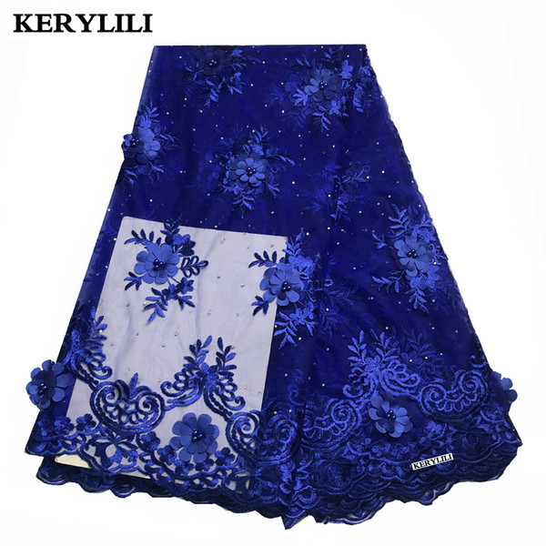 5 Yards African Lace Fabric Tulle 3D Applique Swiss Voile Lace Beaded&Rhinestones Royal Blue Dress KRL-2770