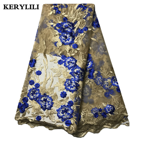 Latest Beads&Stone Soft Swiss Voile Lace In Switzerland Beige&Blue African Tulle French Lace Wedding Dress KRL-28803