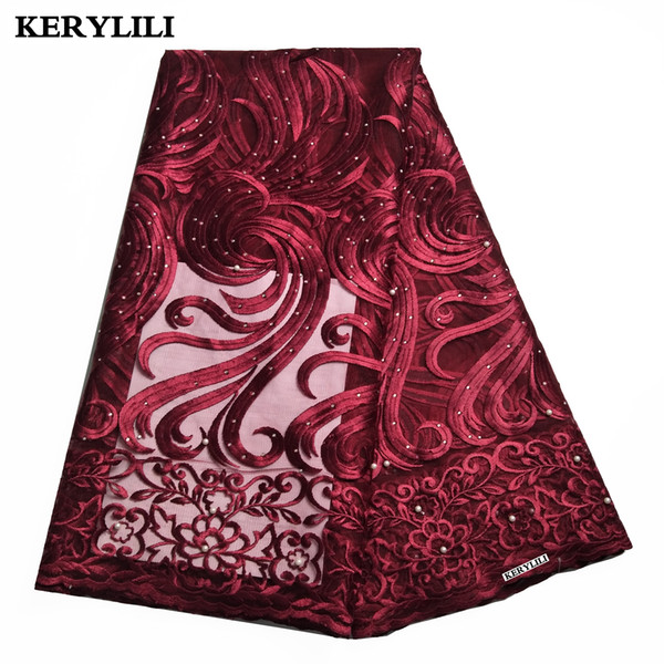 Wine Red African Tulle Lace Beaded French Lace Stones Net Swiss Voile Lace Fabric Craft KRL-28121