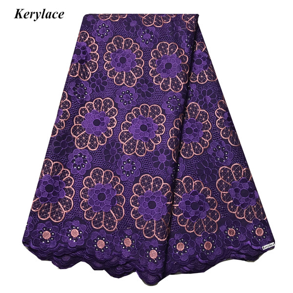 Latest Purple Bridal Dress Swiss Voile Big Lace Fabric High Quality Embroidery Cotton African Fabric KRL-3178