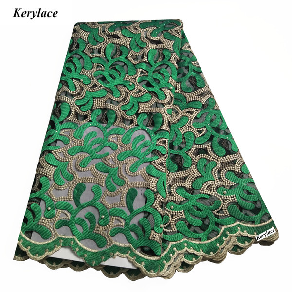 Latest African Tulle Lace Fabric 5 Yards Green Clothes Embroidery Swiss Cotton Fabric Lace Material KRL-6877