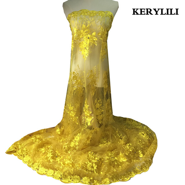 New Arrival Yellow African Tulle Lace Nigerian Fabric Wedding Material Beads And Stone Party Dress KRL-2850