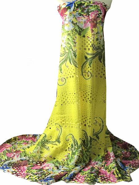 Yellow Design Embroidered Cord Lace Cotton African Mesh Fabric Guipure Party Clothing KRL-1146