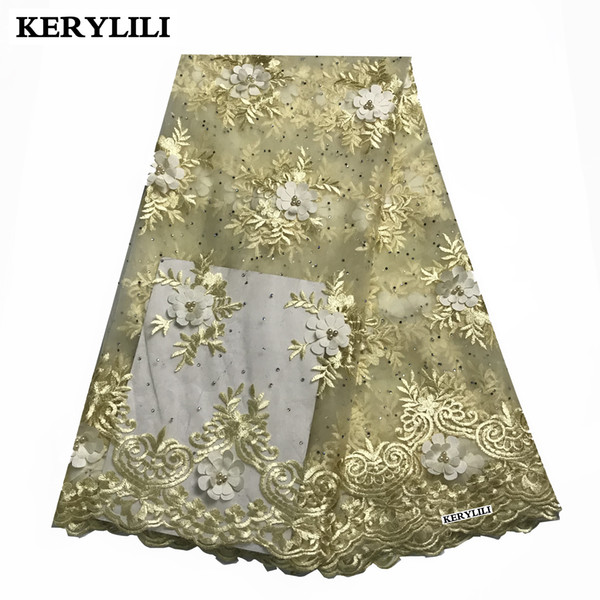 5 Yards Light Yellow Nigerian Lace Fabric African Tulle 3D Flower Appliques Beaded Women Swiss Voile Lace Stones KRL-2771