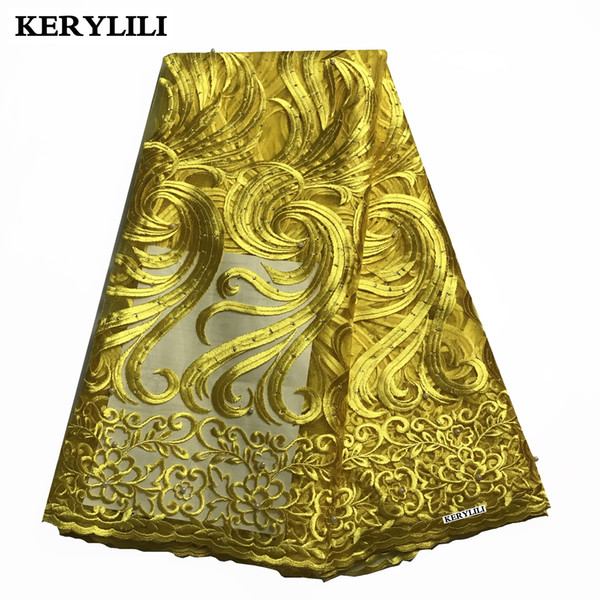 Yellow French Lace Fabrics African Tulle Embroidery Swiss Voile Lace Beaded and Rhinestones Party Dress KRL-28124