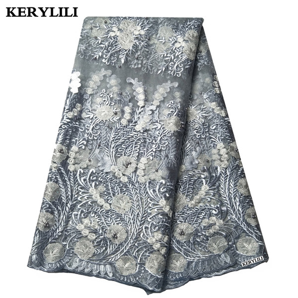 Latest Grey Lace African Fabric Beaded French Tulle Lace Embroidery Sewing Bridal Stuff 5 Yards KRL-28731