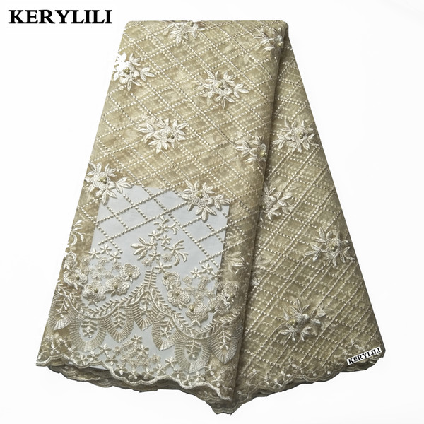 High Quality Beige Swiss Voile Lace Rhinestone 5 Yards Party Dress Tulle Beads African Lace Fabric Embroidery KRL-28714