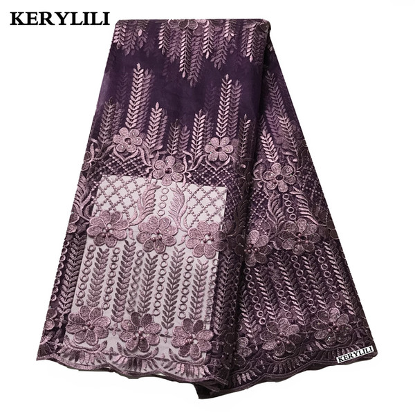 Beaded Dark Purple French Lace Rhinestone African Tulle Lace Fabric High Quality Swiss Voile Design Evening Dress KRL-28723