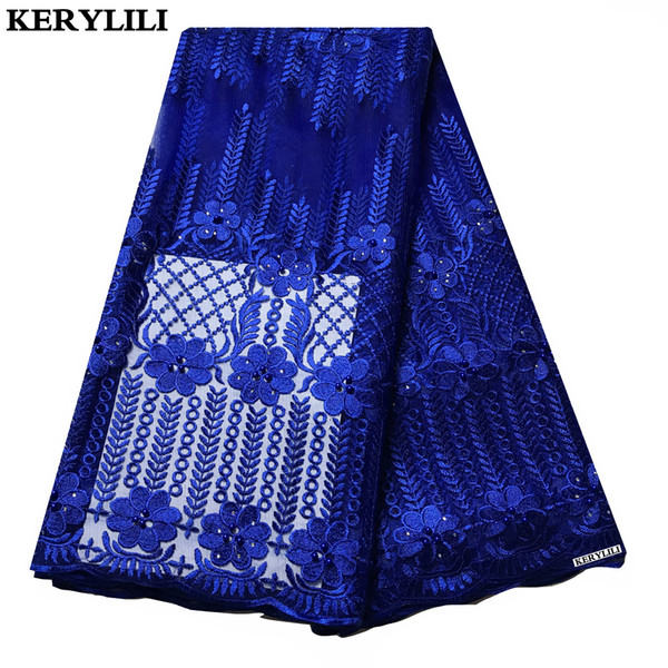 Royal Blue French Net Cloth Beaded African Tulle Lace High Quality Fabric Voile Design Wedding Bridal Dress KRL-28722