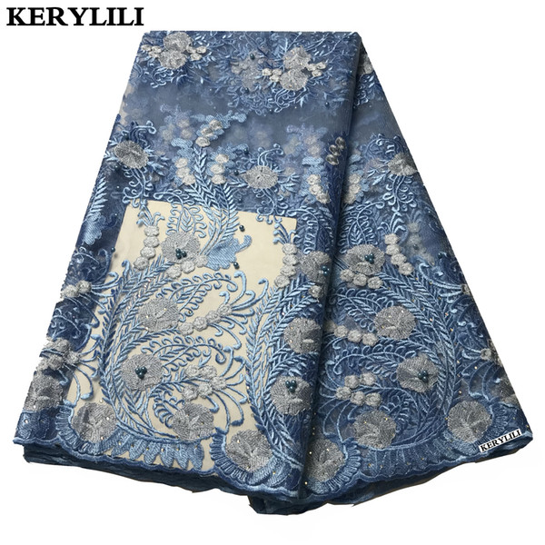 Sky Blue High Quality Swiss Voile Lace Tulle With Flowers Net Lace Fabric New Arrival Party Dress KRL-28735