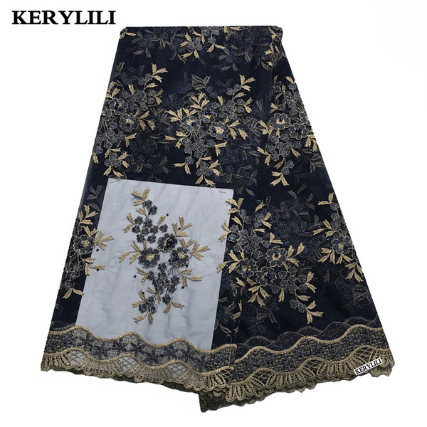 Dark Blue Latest Nigerian Lace Fabric African Organza Lace Fabric Net Cloth Rhinestones&Beads Clothes KRL-28752