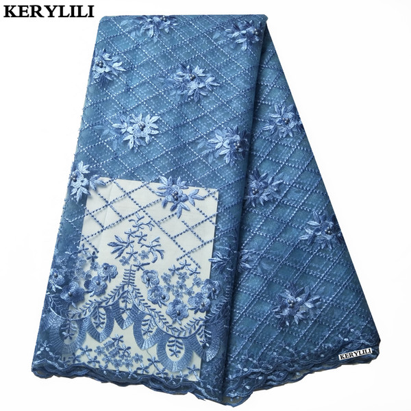 High Quality 5 Yards Light Blue Swiss Voile Lace Rhinestone Evening Dress Tulle Beaded African Lace Fabric Embroidery KRL-28711