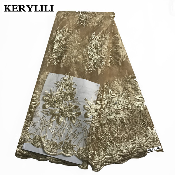 Latest Beige French Tulle Lace Fabric African Beaded&Stones Voile Flower Embrodery 5 Yards KRL-2796