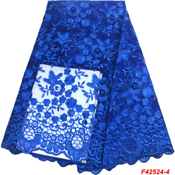 Hot selling african Tulle lace fabric high quality royal blue beaded Mesh nigerian lace fabric Embroidery French Tulle F4-2524