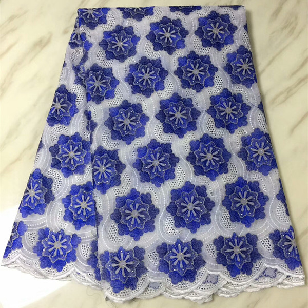 Blue sewing High Quality Swiss Voile Lace Fabric African Lace Fabric Cotton Embroidery Stone Nigeria Big Lace Fabric for Women Wedding Dress