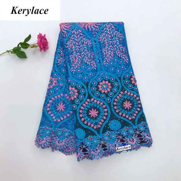 Blue High Quality Swiss Voile Lace Fabric With Stone French Net Lace African Tulle Lace Fabric Nigerian Fashion Wedding Dress Clothing Women