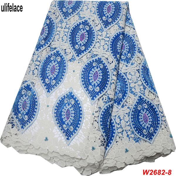 African Lace Fabric Color beads and Velvet fabric embroidered High Quality African Guipure lace fabric for dresses W2-682