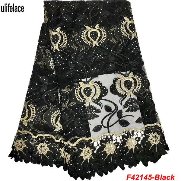 Black Tulle Nigerian French Lace Fabric With Stones Aso Ebi African Mesh Fabric Material Wedding Guipure Edge Lace Fabric F4-2145