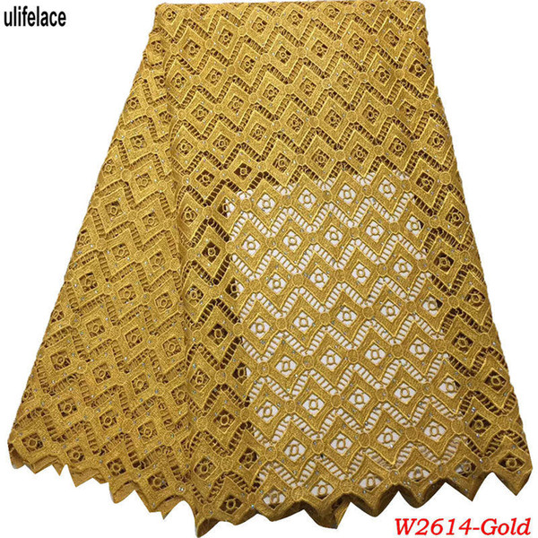 Gold Color African Cord Lace Fabrics High Class Nigerian Guipure Net Lace Embroidered Water soluble Lace Materials with Stones W2-614