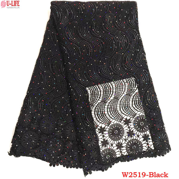 Black Guipure Lace Fabric High Quality African Cord Lace For Sewing Embroidery Colorful Stones Water soluble dresses W2-519