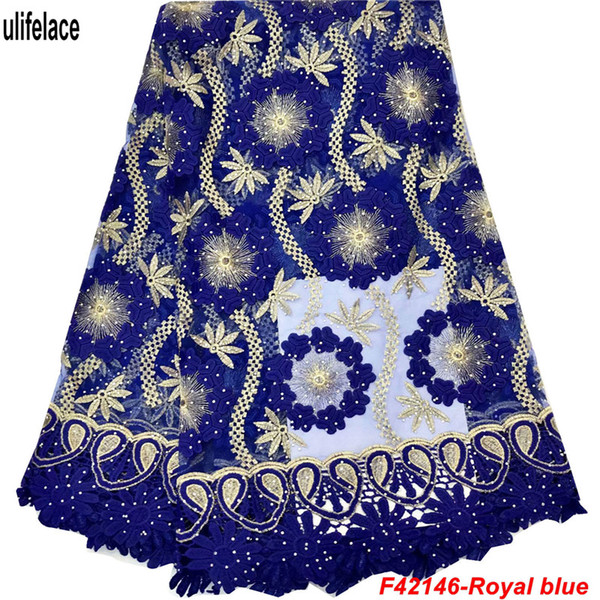 Royal blue Nigerian Lace Fabrics Embroidered French Tulle Lace Fabric 2019 High Quality Guipure Mesh Fabrics with Stones F4-2146