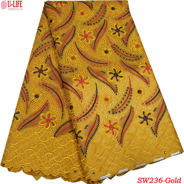 Hot Selling Gold color African Swiss Cotton fabric High Quality With Rhinestones Embroidery Swiss Voile Lace In Switzerland for Dress SW-236