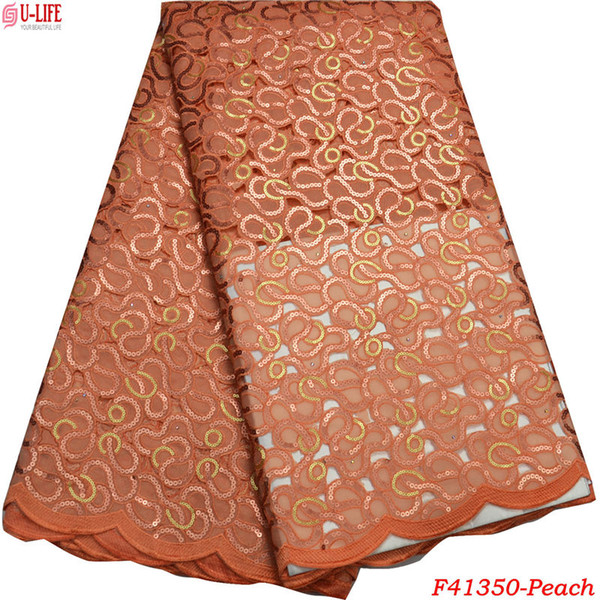 Hot selling Peach french organza lace fabric for party dress new design high quality sequins Handcut Organza lace fabric F4-1350