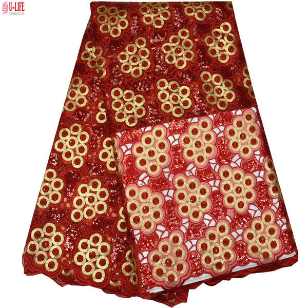 High Quality African organza lace fabric Hot Sale Red Gold African lace fabric 100% High Class Organza with sequins F4-895