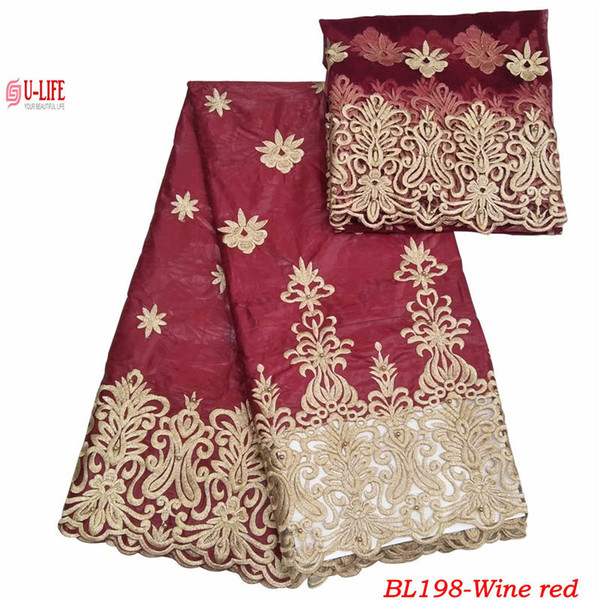 ulifelace Wine Red Bazin Riche Getzner Tulle Lace Pattern High quality Embroidered French Mesh Edge Bazin Riche Getzner fabric Sets BL-198