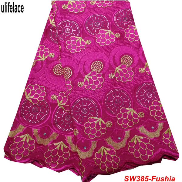 Fucshia color Wedding Cotton Embroidery African Swiss Voile Lace Fabric High Quality Nigerian Dry Cotton Lace With Stones SW-368